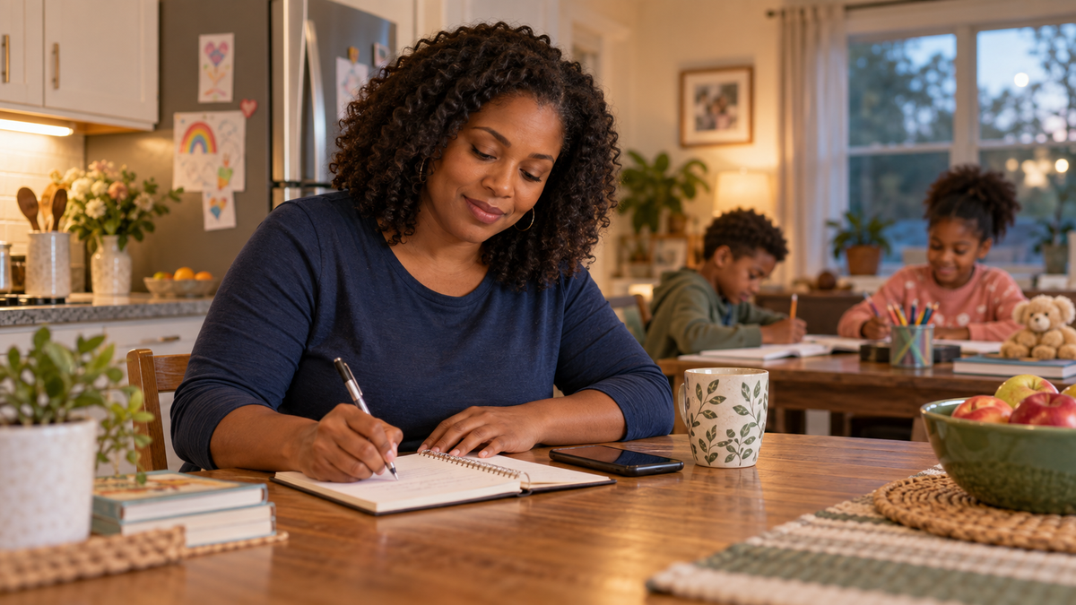 Single mother writing a support-contact list at her kitchen table while her children do homework nearby.