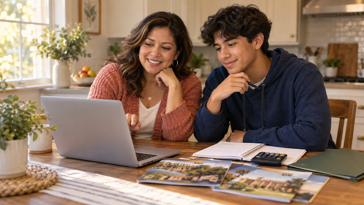 Mother and her high-school junior researching college costs together at their kitchen table.